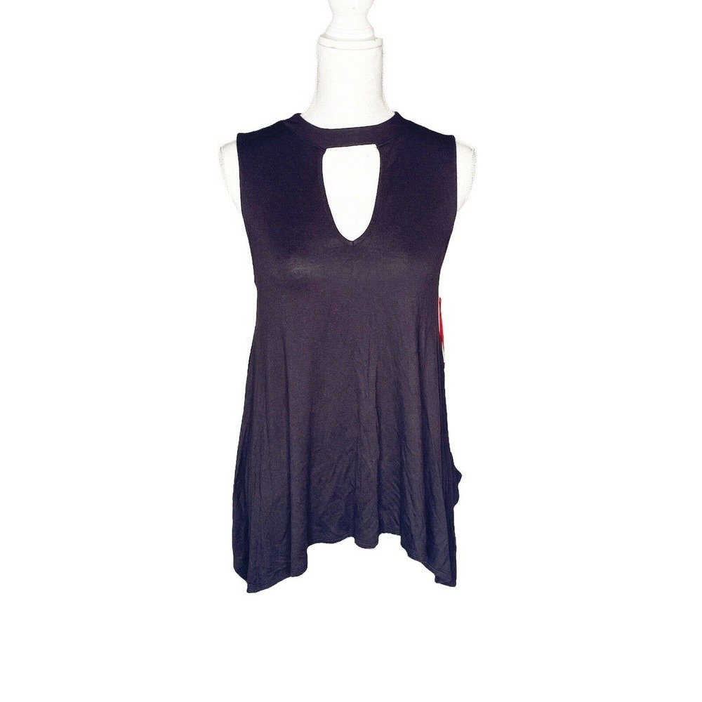 JENNIFER LOPEZ Sz S Womens sleeveless blouse top high low hem Black Keyhole